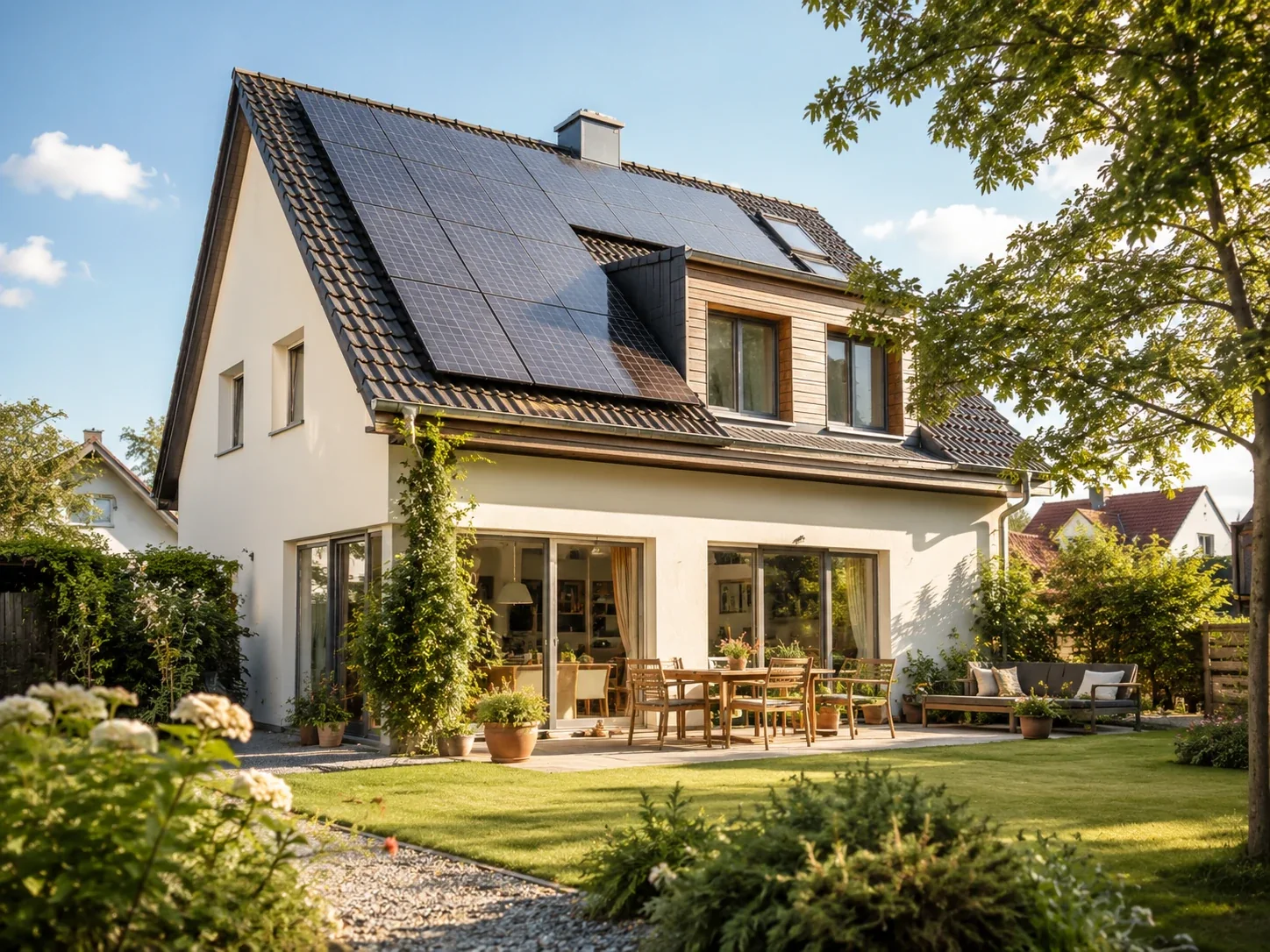 Helles Wohnhaus mit Photovoltaikanlage und Garten